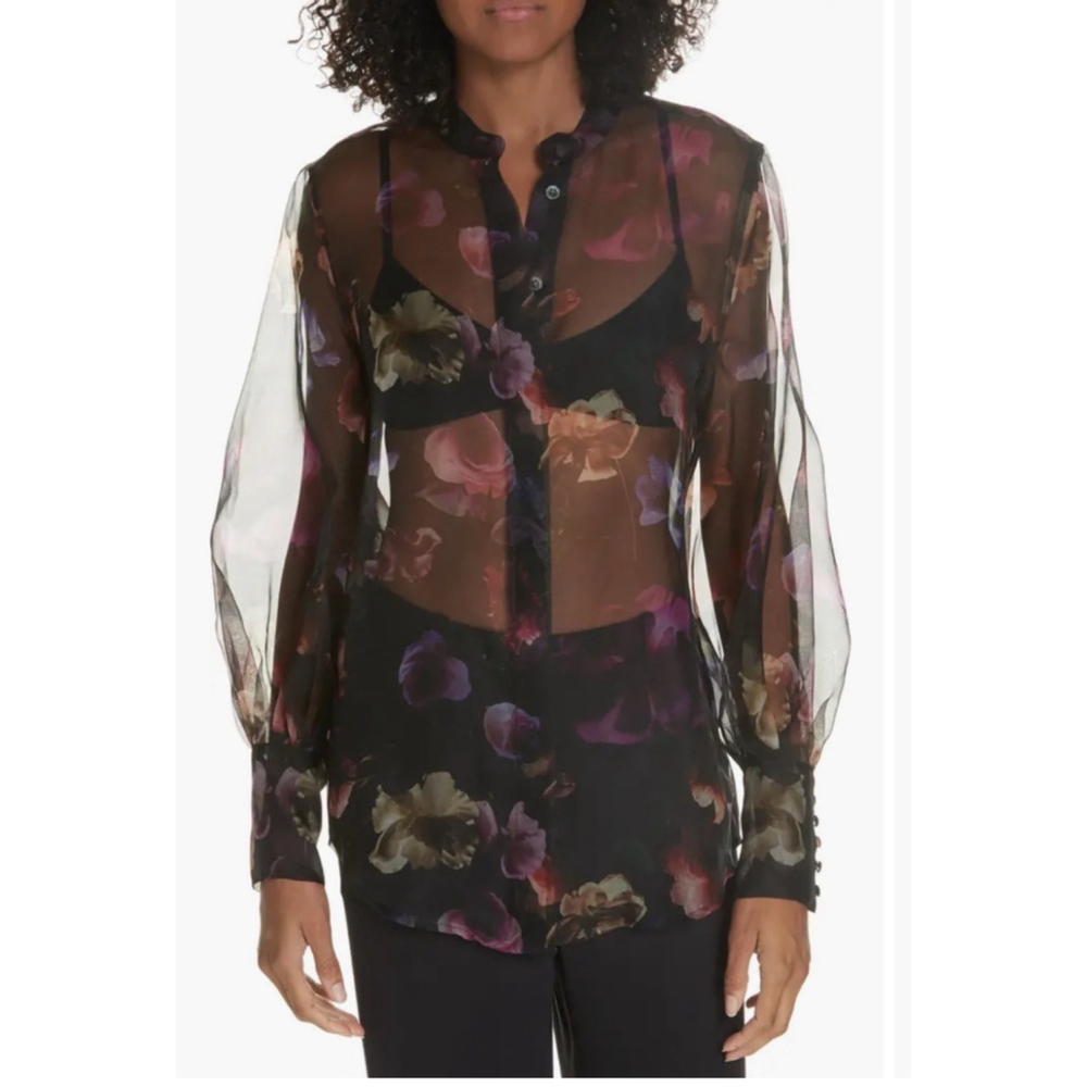 EQUIPMENT Boleyn Button front floral print sheer silk blouse size Medium NWT